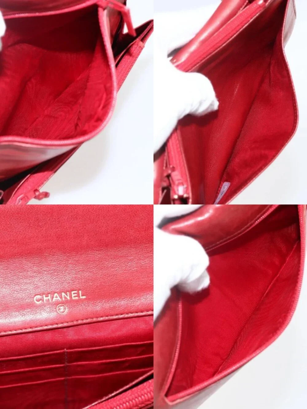 CHANEL Long Wallet Grained Calf Skin Red Gold CC Auth 166826
